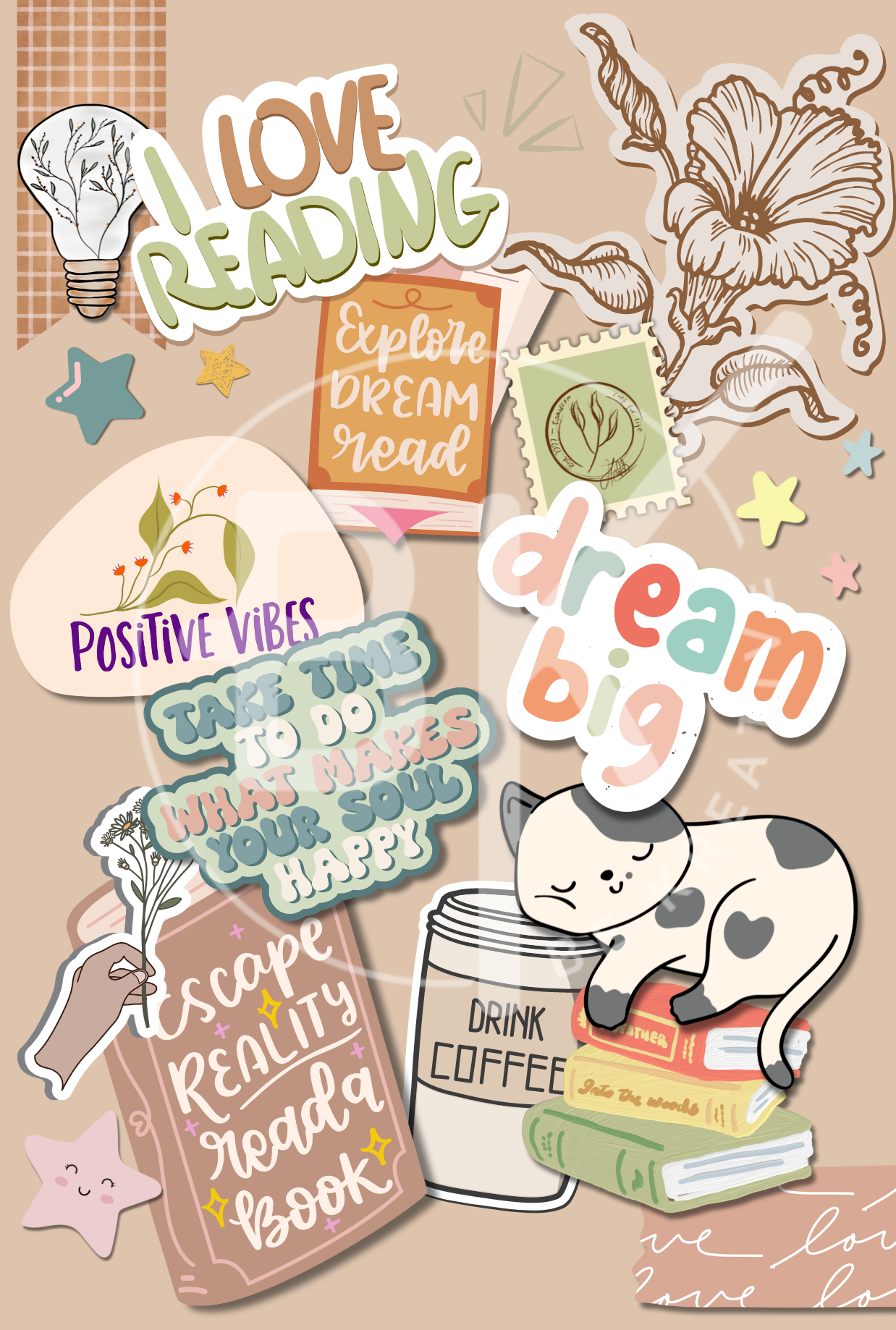 A vibrant assortment of stickers illustrating themes of reading and positivity, including a cat sitting on books, motivational quotes, and playful designs on a beige backdrop.
Stickers, reading, positivity, quotes, cat, books, aesthetic, dream big, escape reality, creativity, art, motivation, illustration, cute, design, vibes, playful, flowers, inspiration, craft, stationery, journal, fun, bookish, encouragement, colorful, decorative, visual art, scrapbook, lifestyle, whimsical, warm colors, trendy
