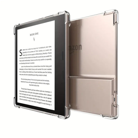 The e-reader, encased in a clear protective cover, showcases an engaging book on its screen while sitting on a surface in a well-lit indoor space.

E-reader, tablet, book, reading, technology, digital, portable, case, display, screen, text, indoors, afternoon, clear cover, literature, library, modern, design, electronics, content, user interface, leisure, education, information, lightweight, gadget, lifestyle, convenience, user experience, fiction, non-fiction, features, visuals, entertainment