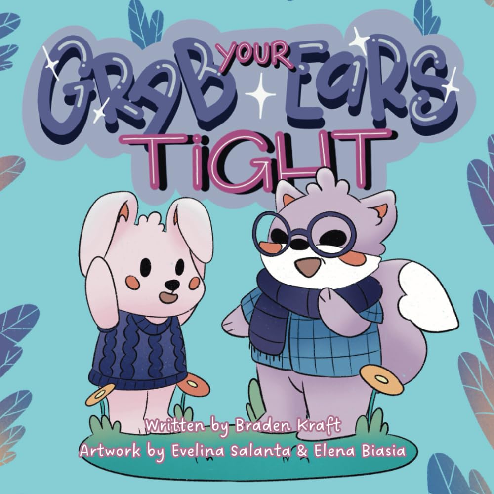 The cover showcases two adorable animal characters dressed in cozy sweaters, emphasizing a playful interaction. The colorful background enhances the inviting atmosphere of the book.

Children's book, cover art, animal characters, illustration, vibrant colors, cozy sweaters, playful moment, children's literature, cute design, storytelling, creative artwork, graphic design, rabbit, fox, friendship, whimsy, illustrator, youth book, playful animals, imagination, colorful background, whimsical style